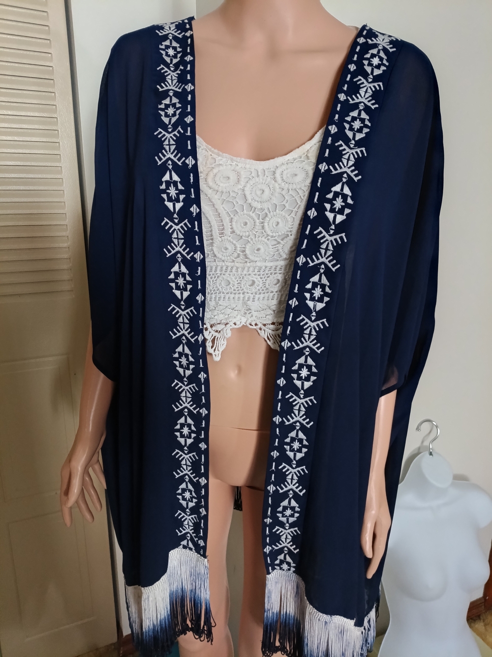 Women's Navy Embroidered Fringe Kimono - Brand